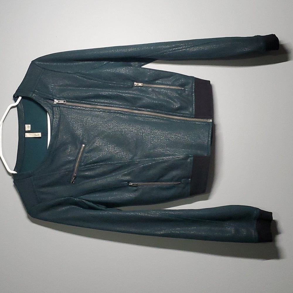 Frenchi jacket women's medium GREEN faux leather Fitted Trendy asymmetrical zip